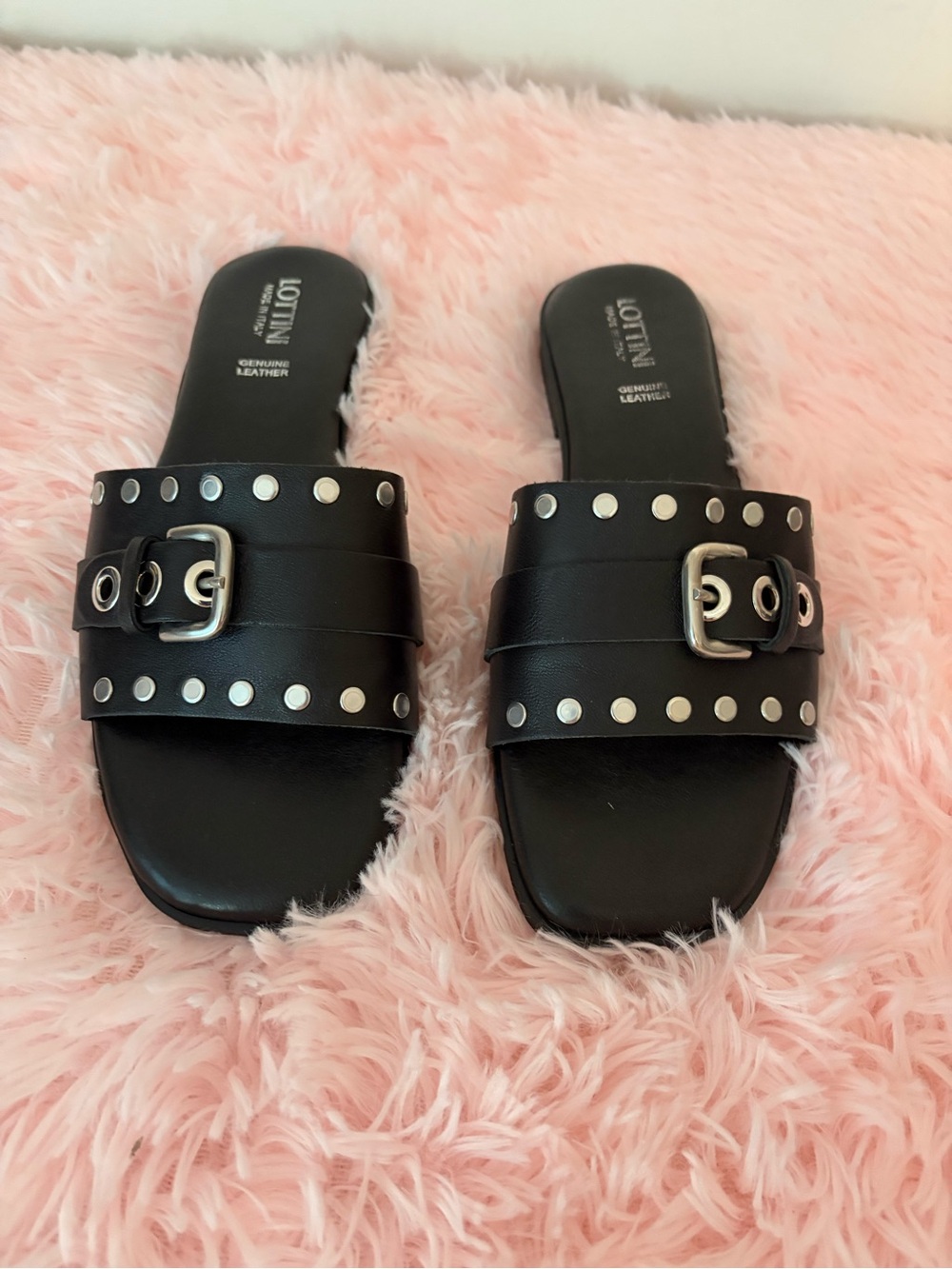 Black Studded Slide Sandals with Buckle